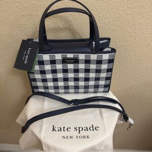 NWT Women KATE SPADE Sam Icon White Navy Gingham Sequin Crossbody Small Tote